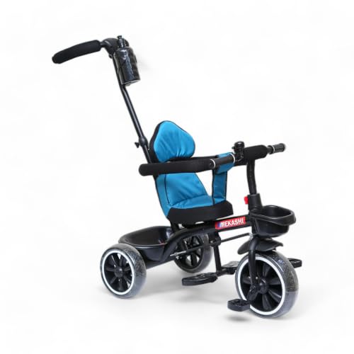 Image of MEKASHI Kids Tricycle for 1-6 Years with Parent Push Handle, EVA Wheels, Safety Guard, Front & Rear Storage Basket, Footrest, Bottle Holder, Blue