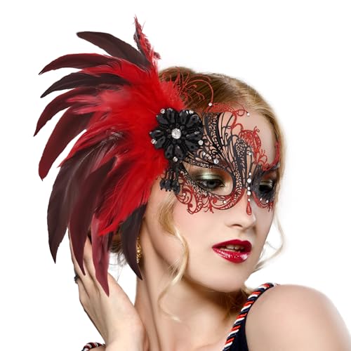 Zinniday Red Masquerade Mask for Women - 2026 Elegant Venetian Metal Carnival Masks with Feather and Shiny Rhinestone for Woman Couples Evening Prom Ball Halloween Renaissance Costumes Dress Up