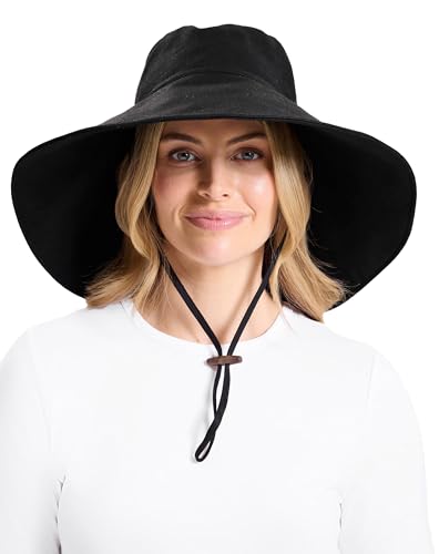 Solbari Ultra Wide Cotton Linen Hat UPF50+ Packable UV Sun Protection Hat with Large Brim and Detachable Strap (AU, Alpha, Small, Medium, Black)