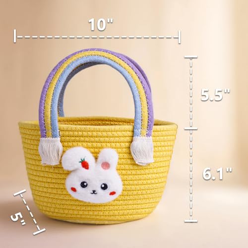 Image of Exun Easter Bunny Basket for Kids, Cute Cotton Tote Bag Hand-Woven Handbag with Rainbow Handles, Easter Egg Hunt Basket Bags for Boys, Girls, Toddler, Babies, Eastergift basket Personalized (Yellow)