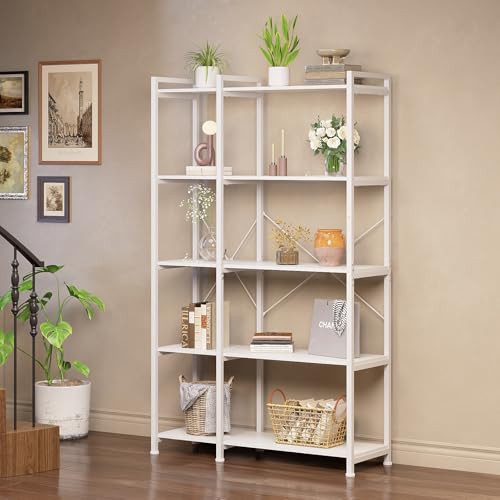 Tohomeor Bookshelf 5 Tier Deformable Corner Bookcase Free Standing Modern Industrial Book Storage Display Book Shelf for Bedroom Living Room Study Room Office (White) by Tohomeor - Image 2