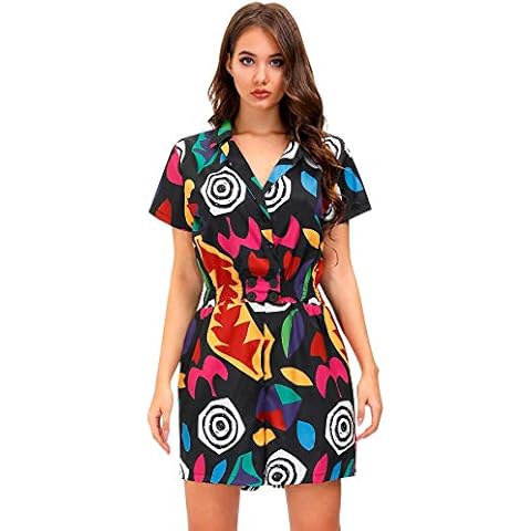 For G and PL Halloween Thema Womens Short Sleeve Stranger Eleven Costume Button Down Cosplay Colorful Pattern Romper M Cover