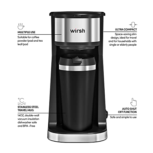 Wirsh Single Serve Coffee Maker-Small Travel Coffee Maker With 14 Oz.travel Mug,Single Cup Coffee Maker With Reusable Coffee Filter,Black #TOP1