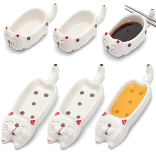 ELFULLY 6 Pcs Cute Soy Sauce Dipping Bowls, Small Ceramic Dipping Dishes, Mini Cat Shape Sushi Tray with Chopstick Holder Tableware for Seasoning Oil Vinegar Ketchup Wasabi, Japanese Style