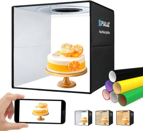 PULUZ - Photo Light Box Photography Cube, PULUZ 16''/40cm Portable Photo Studio Shooting Light Tent Adjustable Brightness & 3 Color Temperature Foldable Product Photography Box with 12 Color Backdrops