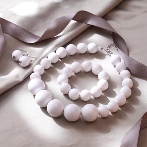 Ever Faith N15748-1 Chunky Large White Beads Necklace For Prom, Resin Beaded Boho Bib Statement Choker Necklace Hook Dangle Earrings Stretch Bracelet 1920S Costume Jewelry thumb #3