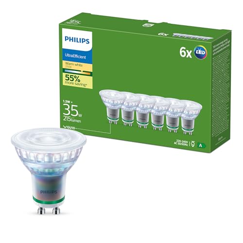 Żarówka GU10 Philips UltraEfficient LED, 6-Pak, 375 Lumenów, 50 W, Bez Migotania, EyeComfort, Długa Żywotność, Ciepła Biel 2700 K