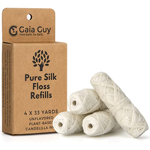 Gaia Guy Recambio de hilo dental de seda, seda natural sin sabor, 4 carretes x 33 yardas, hilo de seda compostable, sostenible y biodegradable y embalaje ecológico