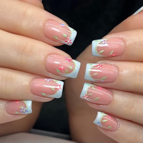 Square Press on Nails Teal French Tip Fake Nails Medium False Nails with Flower Designs Glue on Nails Glossy Stick on Nails Cute Artificial Nails for Wmoen 24PCS