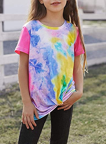 Ecokauer Girls Casual Tunic Tops Tie Dye Short Sleeve Loose Soft Girls' Tops, Tees & Blouses For Children T-Shirt With Knot Front Tees Size 8-9 Multicolor Rose #TOP3