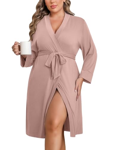Image of Ekouaer Women Plus Size Robe Knee Length Lightweight Bathrobe Short Kimono Robes with Pockets Maternity Robe