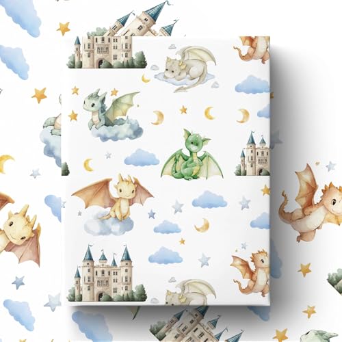 Liobelon 4 Sheet Dragon Wrapping Paper 27.5x39inch Dragon Castle Gift Wrap Paper Fairy-Tale Watercolor Design Gift Packing for Kids Birthday Decor Boys Baby Shower DIY Crafts Scrapbooking