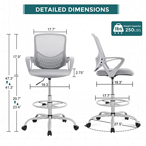Smug Drafting Chair Tall Office Chair Standing Desk Chair, Tall Desk Chair Counter Height Adjustable Mesh Mid Back Office Chairs With Wheels Foot Ring #TOP7