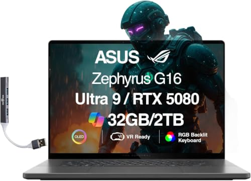 Image of ASUS ROG Zephyrus G16 AI Gaming Laptop 16.0 inch ROG Nebula OLED FHD+ Display | (Intel Ultra 9-285H, GeForce RTX 5080 16GB, 32GB LPDDR5X, 2TB SSD, RGB KB, Wi-Fi 7, BT 5.4, Win11Pro) w /DKZ USB Port Expander