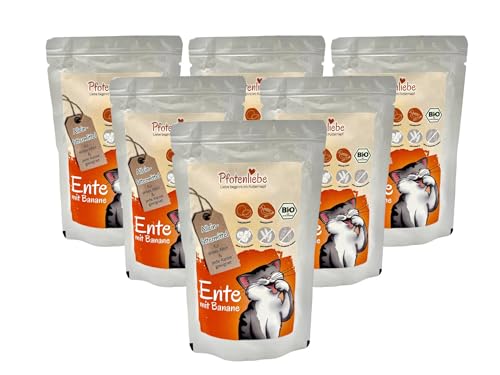 Pfotenliebe Bio-Nassfutter für Katzen, Bio-Ente mit Banane, 6X 100g (Pouch), getreidefrei, hochverträglich, für jedes Alter geeignet