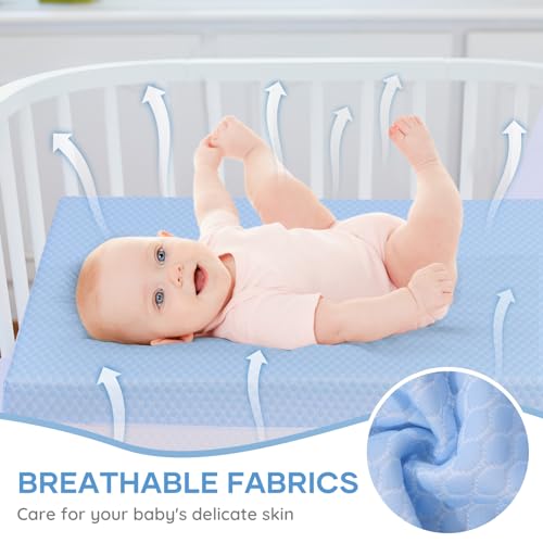 Image of Crib Mattress Dual Sided Memory Foam Baby Toddler Bed Mattress, 52 inch x 27.6 inch x 5.5 inch Soft Breathable Mattresses with Removable Machine Washable Cover, Fits Standard Cribs&Toddler Beds, White&Blue