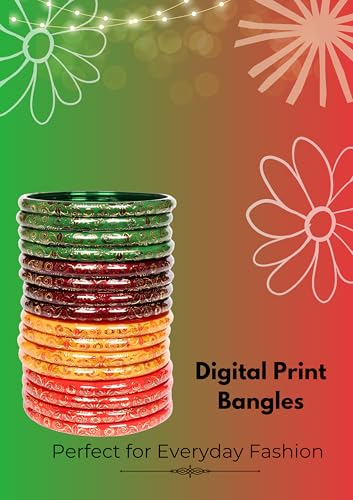 Image of Swara Creations Red Green Mehrun Yellow Bangles for Women /Digital Prints Bangles /Light Shiny Prints /Glass Bangles (16Pcs)(SKU270)