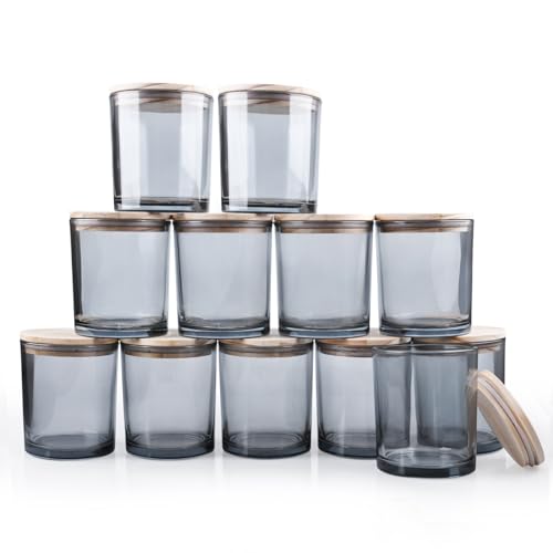 14 OZ Thick Candle Jars for Making Candles 12 Pcs, 3 Wick Empty Jars with Wood Lids for Candle Making, Sample Container,Clear Grey