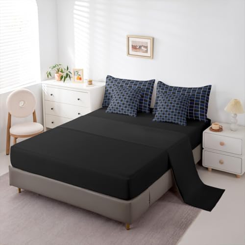 Image of Erosebridal Navy Blue Checkered Boys Full Bedding Black Blue Plaid Comforter Set with Sheets 7 Piece-for Kids Teen Men Bedroom Geometric Gingham Grids Bed in A Bag-Soft Lightweight for All Season