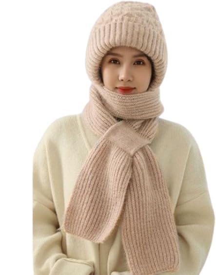 Winter Cap for Women Woolen Cap with Muffler for Women, 2 in1 Winter Scarf Knitted Woolen Muffler Oatmeal-image-28
