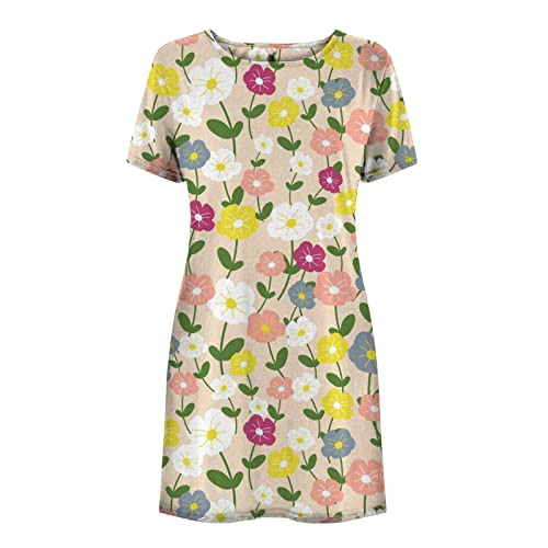 Minivestido casual de verano para mujer, de manga corta, cuello redondo, estampado de flores, vestido de playa con cuello redondo, azul, S
