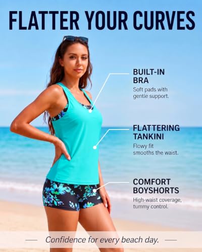 Image of Women's 3 Piece Tankini Swimsuit Tummy Control Bathing Suit with Boy Shorts