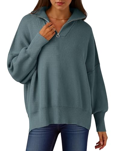 Image of ANRABESS Womens Oversized Quarter Zip Pullover Sweaters | Fall Fashion Outfits, Long Sleeve Slit Side, Baggy Loose Fit, 1 /4 Zip Lapel Collared, Ribbed Knit Soft Warm Winter Clothing
