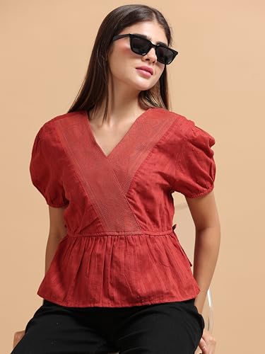 Image of Glam & Chique Women's 100% Cotton Textured Dobby Lace Panel Peplum Crop Top XS-2XL