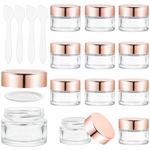 12 Pcs 15g/0.5oz Glass Jars Mini Round Canning Jar Clear Empty Cosmetic Container with Rose Gold Lid for Lip Scrub Cream Lotion Ointments Powder Beads