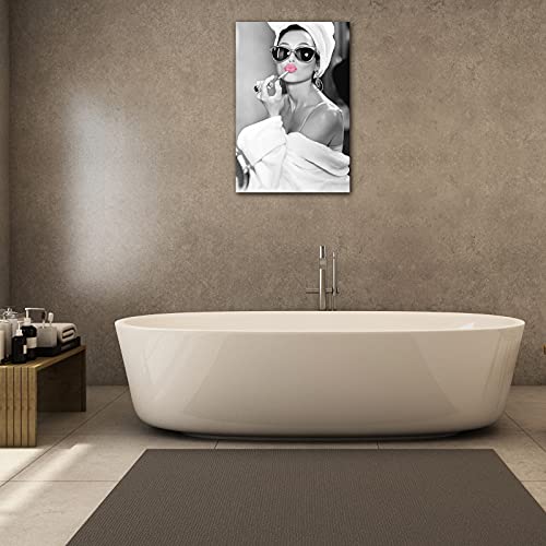 Hepburn Canvas Wall Art, Girl Bathroom Wall Art, Black And White Bathroom Wall Art, Fashion Girl Woman Bedroom Bathroom Decor Wall Art, Funny Vintage Bathroom Artwork For Wall Decor 12X18 Inches #TOP1