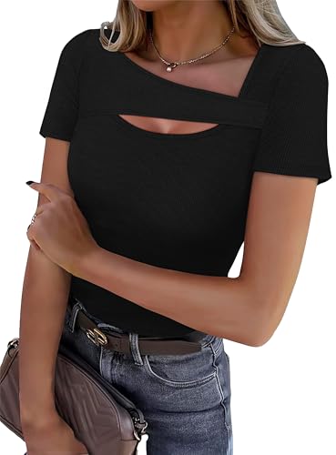Summer Tops for Women Resort Wear Sexy Tops for Women Date Night Outfit Clothes for Women Short Sleeve Shirts Beach Vacation Black 2XL
