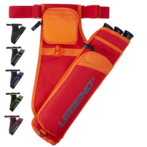Legend First Archery Quiver Case for Arrows - Right Handed Target Shooting Hip Quivers with Adjustable Belt & 3 Arrow Tubes - Durable T-Slot & Storage Pockets for Accessories & Score Card - Red