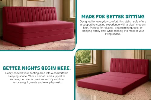 Image of Los Angeles Modern Velvet 3-Seater Sofa Cum Bed, Multipurpose Convertible Sleeper Couch Sofa for Living Room, Bedroom & Office- Red Color