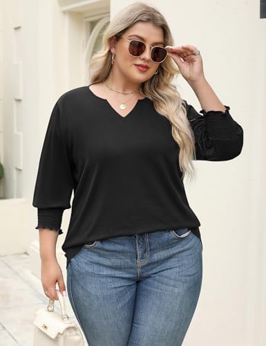 Rapbin Womens Plus Size Tops 3/4 Sleeve Blouses Shirts Casual V Neck Loose Tunic Tops 1X-5X