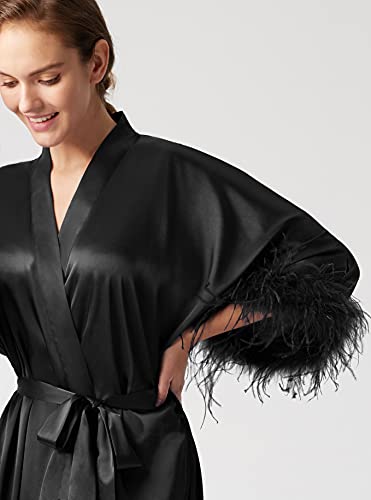 Prodesign Satin Kimono Robe Long Bath Robe With Ostrich Feather Trim Sleepwear Wedding Bridesmaid Robe #TOP3