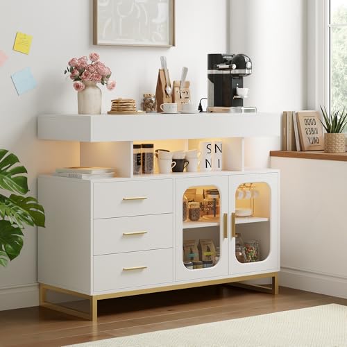 Garvee Modern Sideboard Buffet Cabinet with Auto-Sensor RGB LED Lights & Built-in Charging Station, Coffee Bar Table with Storage, 3 Drawers & 2 Doors