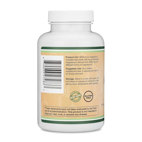 Magnesium Complex Supplement 180 Capsules (426mg Elemental Magnesium Provided by 2,300mg of Eight Different Forms of Magnesium) MAG-8 Provides 100% Daily Recommended Value of Magnesium by Double Wood