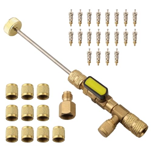 Wodsty Extractor de núcleo de válvula y herramienta de instalación para aire acondicionado R22, R410A, R32, R134A con puertos SAE de 1/4 y 5/16 pulgadas, hecho de cobre