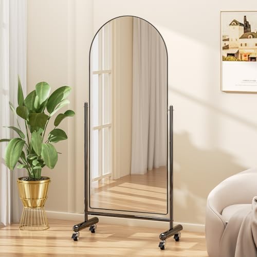 Ecomosita Large Arched Full Length Mirror on Wheels, Rolling Tilting Swivel Floor Mirror 65" x 23.6" with Tempered Glass and Metal Frame, Modern Dressing Mirror Body Mirror, Home Decor, Black by Ecomosita - Used condition - Image 5