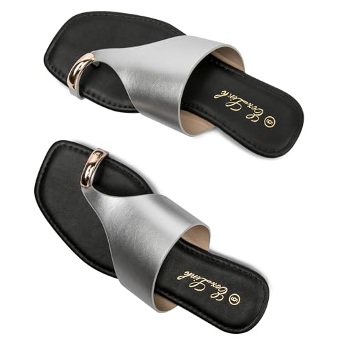 Image of Eozlink Women's Toe Ring Flat Sandals, Slip On Dressy Summer Slides | PU upper with square toe and metal accent for resort and casual outfits