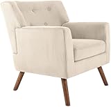 STYLE MODERNE: fauteuil au design actuel et epure. Lignes nettes, revetement rembourre avec boutonnage, pieds en bois brun harmonieux.