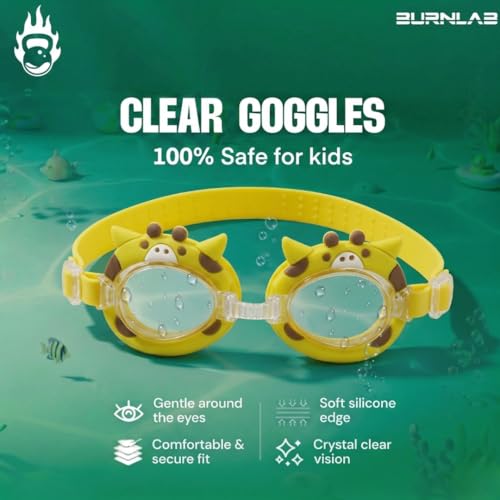 Image of BURNLAB Swimming Goggles for Kids, Clear Vision Pool Goggles for Boys & Girls, Easy Adjustable Strap (Giraffe)