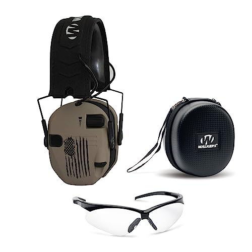 Walkers Razor Slim Electronic Muff (US Flag-FDE) Bundle with Case and Shooting Glasses (3 Items) - Walkers