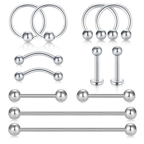 D.Bella Septum Hoop Rings Surgical Steel Industrial Barbell Cartilage Earring Body Piercing Jewelry for Women Men Nose Lip Tragus Helix Ear Eyebrow Labret Studs Nipple Barbell 12 Pieces