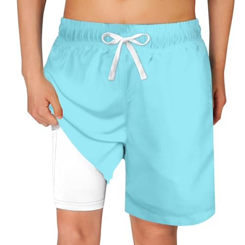 Belovecol Boys Swim Trunks Blue Size 18-20 Swim Shorts with Compression Liner Fashion Solid Color Swim Shorts Bathing Suits