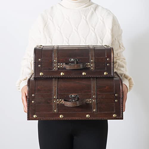 Wood And Leather Treasure Chest Boxes - Set Of 2: Wooden Boxes With Hinged Lids, Vintage Suitcase Décor, Storage Trunk For Organizing, Pirate Treasure Chests, Decorative Photo Props (Bentley) #TOP1