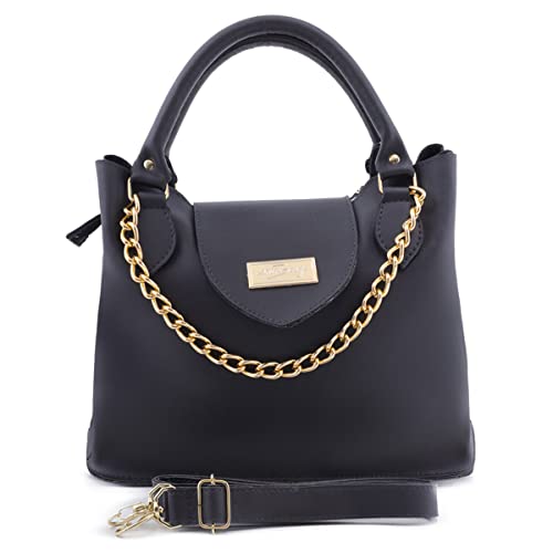 Bolsa Feminina Com Alça de Mão e Ombro Reajustável e Com Bolso Externo + Detalhe em Corrente (Preto)