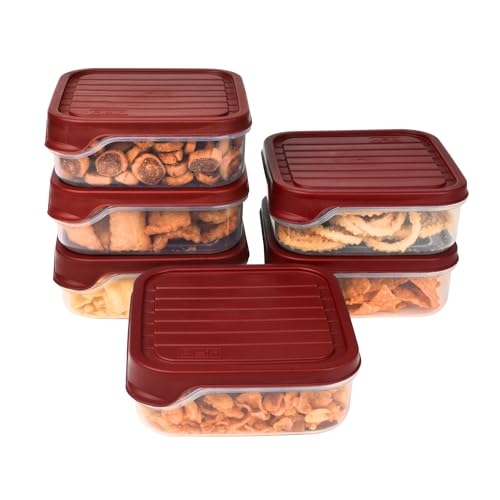 FLAIR Storewell Square Plastic Food Storage Container Set, Airtight Kitchen Containers for Rice, Atta & Grains, BPA-Free, Food Grade Storage Boxes (Maroon, Set of 6 (0.55L))