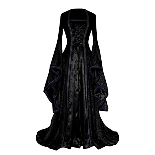 Mittelalter Kleid Schwarz Lang, Elegantes Damenkleid Im Retro-Stil mit Trompetenärmeln für Prinzessinnen Cosplay (Black - 5XL)