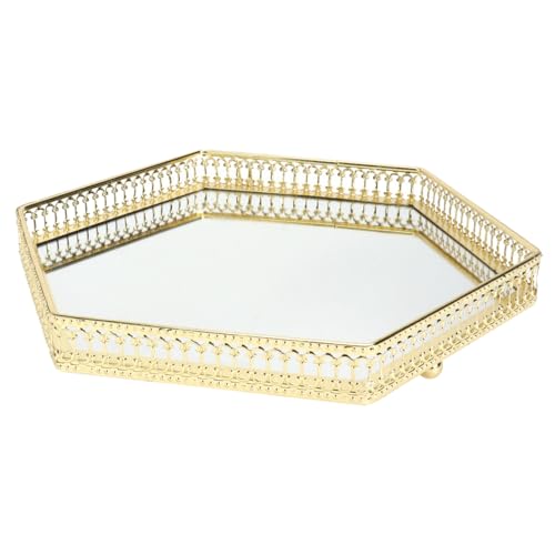 LOLIPPYY Plateau de Rangement Hexagonal Métal avec Miroir Design Élégant et Compact Organisateur Décoratif pour Bijoux et Cosmétiques Plateau Multifonction pour Coiffeuse et Salon